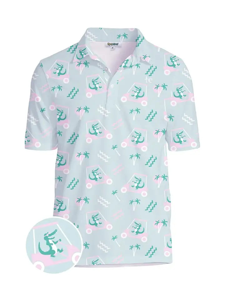Golf Cart Gator Men's Golf Shirt - Green Alligator Golf Polo